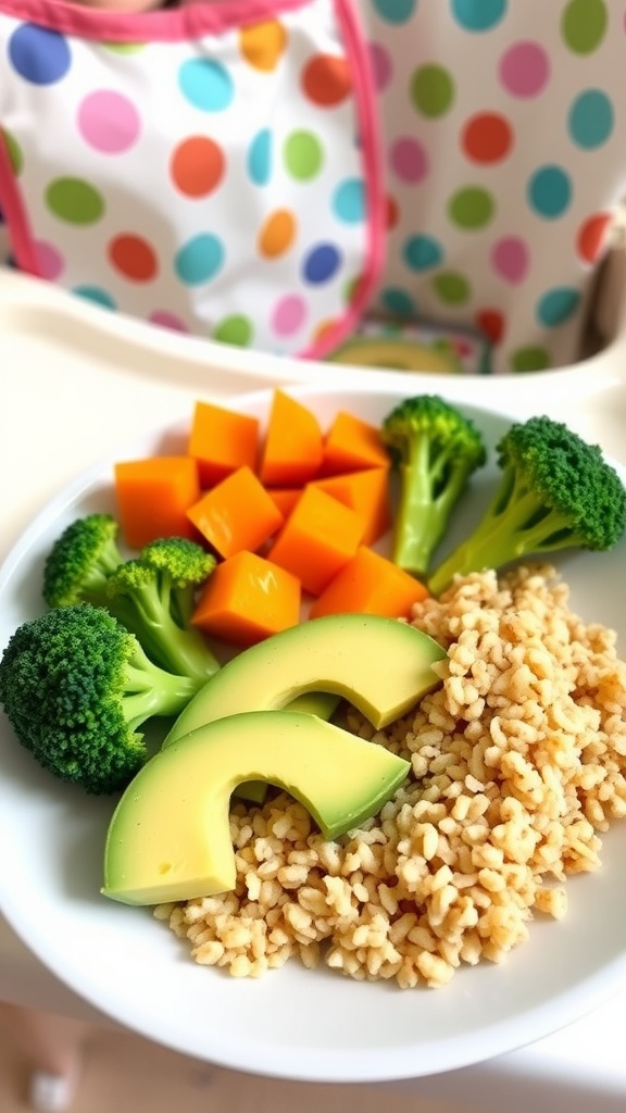 A vibrant and nutritious dinner plate for a 9-month-old, showcasing sweet potato, broccoli, avocado, and quinoa.